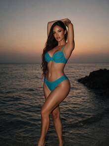 SHEIN Swim 2pcs Women's Solid Color Sexy Supportive Underwire Gathers Ruched Top And Bikini Swimwear Bottom Beach Vacation Swimwear Set For Summer - Teal Blue - View 3