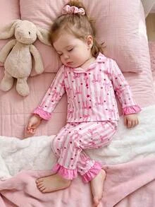 SHEIN Baby Girl Baby Girl Knitted Cute Pink Bow Striped Ruffle Hem Loungewear Set 2 Pieces, Suitable For Indoor, Home, Casual, Party, Holiday - Multicolor - View 3