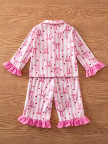 SHEIN Baby Girl Baby Girl Knitted Cute Pink Bow Striped Ruffle Hem Loungewear Set 2 Pieces, Suitable For Indoor, Home, Casual, Party, Holiday - Multicolor - View 4