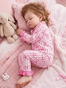 SHEIN Baby Girl Baby Girl Knitted Cute Pink Bow Striped Ruffle Hem Loungewear Set 2 Pieces, Suitable For Indoor, Home, Casual, Party, Holiday - Multicolor - View 2