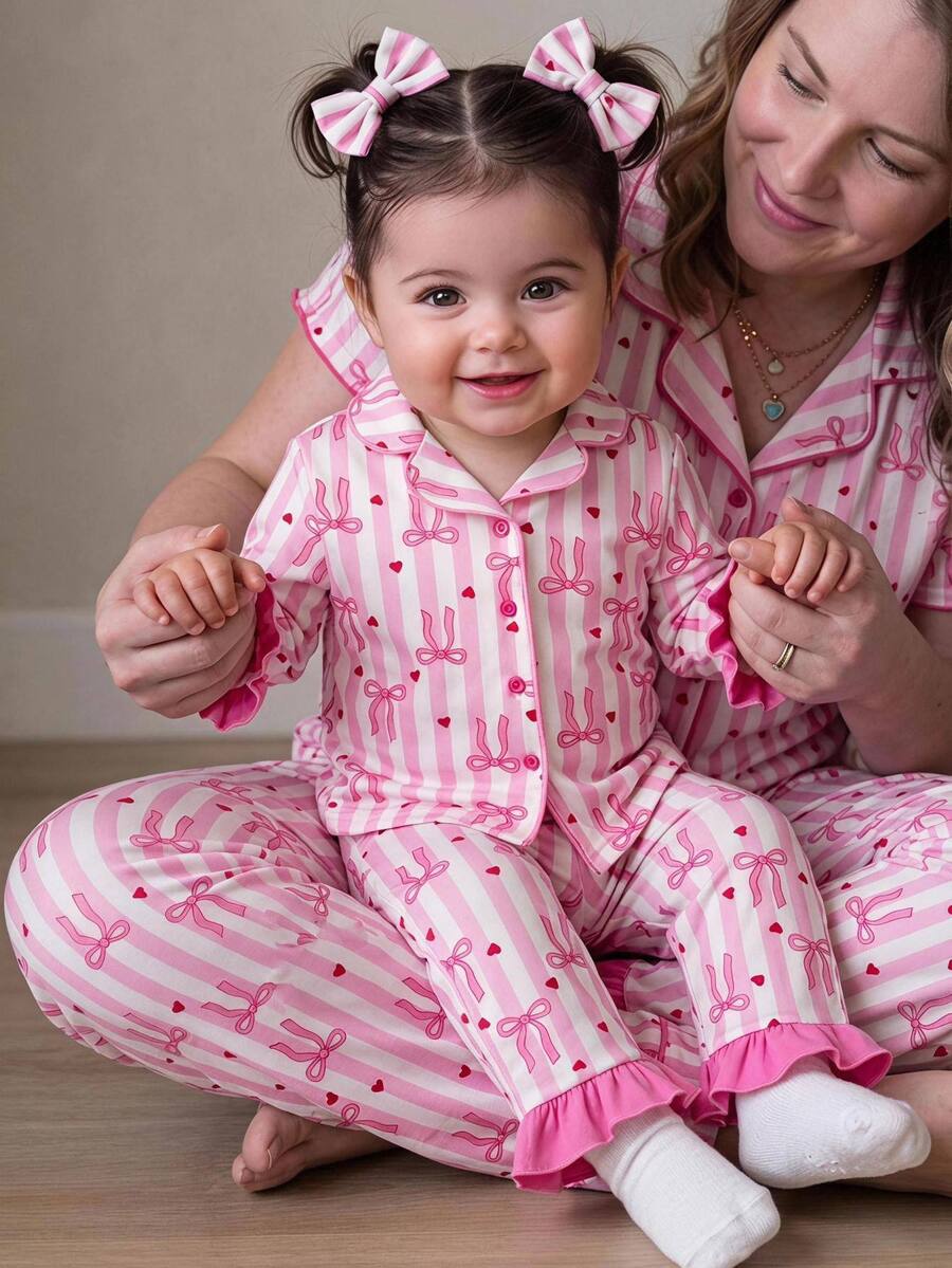 SHEIN Baby Girl Baby Girl Knitted Cute Pink Bow Striped Ruffle Hem Loungewear Set 2 Pieces, Suitable For Indoor, Home, Casual, Party, Holiday - Multicolor - View 1