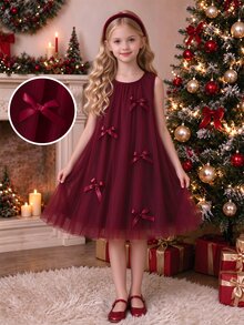 SHEIN Tween Girls Elegant Cute Fashion Ruffle Trim Pearl Decor Mesh Girls Mini Dress, Graduation, Outfit Birthday Flowergirl Dusty Pink Summer - Burgundy - View 3