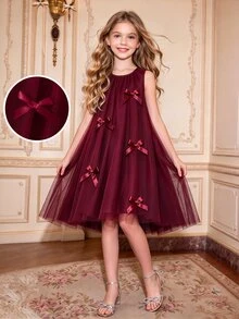 SHEIN Tween Girls Elegant Cute Fashion Ruffle Trim Pearl Decor Mesh Girls Mini Dress, Graduation, Outfit Birthday Flowergirl Dusty Pink Summer - Burgundy - View 1