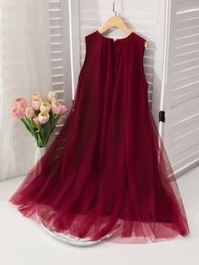 SHEIN Tween Girls Elegant Cute Fashion Ruffle Trim Pearl Decor Mesh Girls Mini Dress, Graduation, Outfit Birthday Flowergirl Dusty Pink Summer - Burgundy - View 2