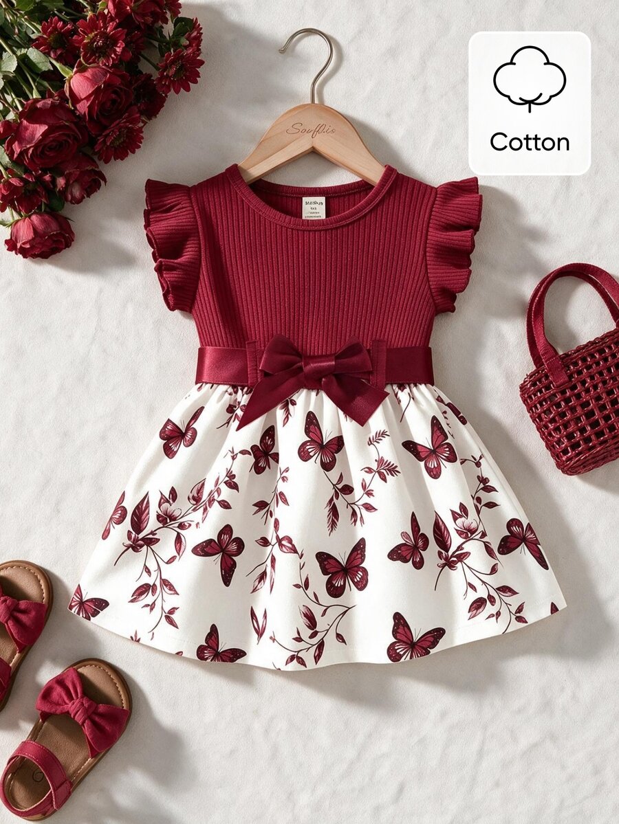 Souflis Souflis Baby Girls Casual Everyday All-Match Cute Butterfly Print Dress With Belt, Suitable For Outings - Burgundy - View 1