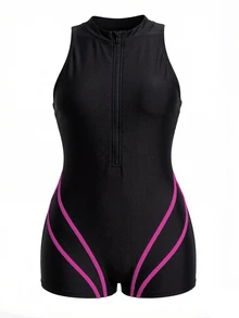 SHEIN Swim Curve Plus Size Colorblock Sleeveless One-Piece Swimsuit With Front Zipper, Summer One-Piece Bathing SuitFor Leisure And Vacation - Hot Pink - View 6