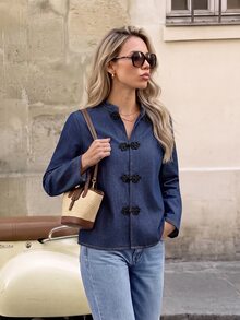 Serisse Women's Street Style Elegant Frog Button Long Sleeve Denim Jacket, Fall Winter Outfits For Women, Chinese Buckle Denim Jacket, Basic Versatile Jacket. - Blue - View 10