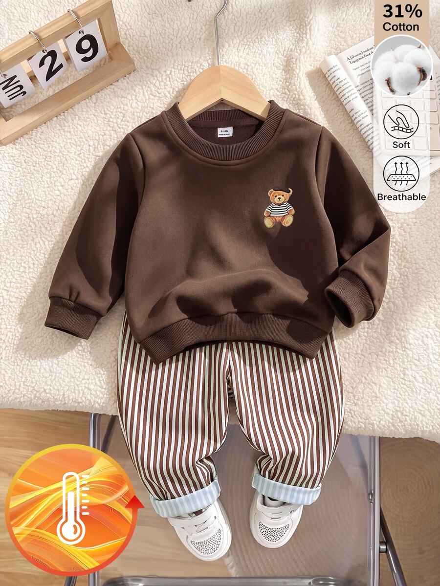 SHEIN French Style New Baby Boy 0-3 Years 2-Piece Brown Cotton Sweatshirt Set, Round Neck Sweatshirt With Bear Pattern And Striped Pants, Suitable For Outings, School And Other Occasions