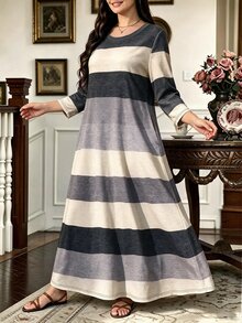 SHEIN LUNE Women's Plus Size Striped Print Round Neck Long Sleeve Pocket Casual Dress, Suitable For Autumn Daily Indoor And Outdoor Wear Fall - Multicolor - View 3