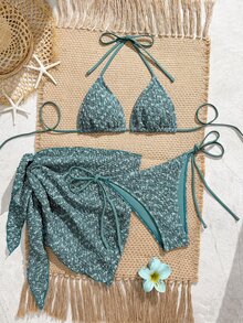 Swim Mod Women's Summer Beach Party Halter Tie Sexy Tropical Bikini Triangle Bottom Two Pieces Bikini Set Set With Mini Skirt Teal - Green - View 4