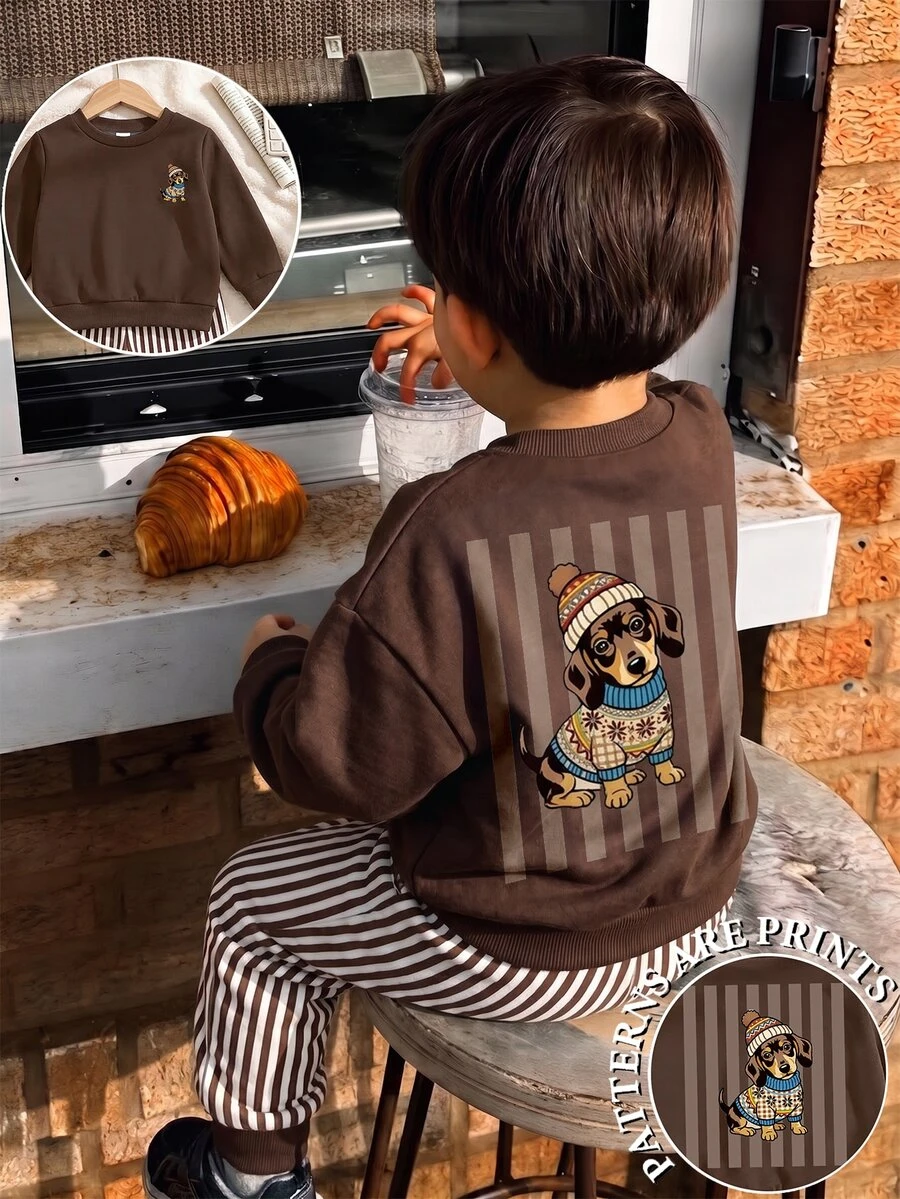 2pcs Young Boys Sweatshirt Set Casual Coffee Cartoon Dog Vertical Stripe Pants Loose Crew Neck School Fall Autumn Winter School - Multicolor - View 1