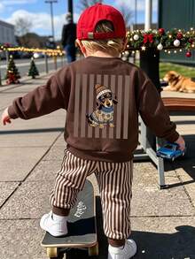 2pcs Young Boys Sweatshirt Set Casual Coffee Cartoon Dog Vertical Stripe Pants Loose Crew Neck School Fall Autumn Winter School - Multicolor - View 3