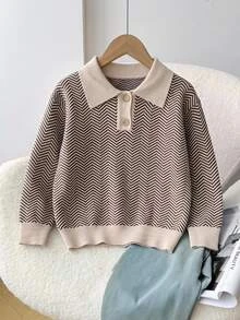 Boys' Apricot + Brown Herringbone Contrast Collar Mid-Weight Half-Button Pullover Knit Sweater, Long Sleeve Top, Soft And Comfortable Fabric, Suitable For Autumn, Spring, Winter, Casual Outdoor, Daily Wear, Layering, Holiday Outfits, Multiple Occasions - Brown - View 10