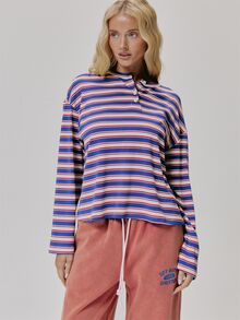 MUSERA Blue Contrast Stripe Long Sleeve Top Fall Autumn Winter Coolgirl Style Casual - Multicolor - View 2