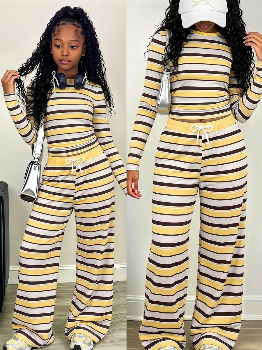 SHEIN Tween Girl Casual Athletic Slim Fit Short Printed Knit Top Elastic Straight Leg Long Pants Set Sports Blue And White Fall Jogging Off Campus - Yellow - View 1
