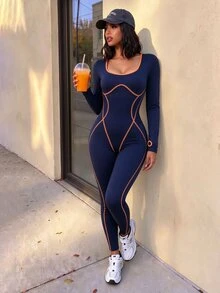 SHEIN Core Rhythm Women's Seamless Dopamine Sexy Line Contrast Color Long Sleeve Long Pants Jumpsuit, Suitable For Sports, Yoga, Workout, Running - Navy Blue - View 8