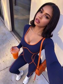 SHEIN Core Rhythm Women's Seamless Dopamine Sexy Line Contrast Color Long Sleeve Long Pants Jumpsuit, Suitable For Sports, Yoga, Workout, Running - Navy Blue - View 4