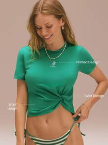 GLOWMODE Pima Cotton Out Of Office Ultra-Soft Breathable Lightweight Stretchy Waist-Length Regular Fit Front Twist Design Graphic Tee Daily Casual Outdoor Wear - Fresh Green - View 3