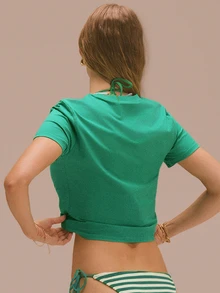 GLOWMODE Pima Cotton Out Of Office Ultra-Soft Breathable Lightweight Stretchy Waist-Length Regular Fit Front Twist Design Graphic Tee Daily Casual Outdoor Wear - Fresh Green - View 4