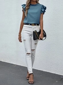 SHEIN Solid Color Frill Trim Casual Blouse, Everyday Wear - Royal Blue - View 8