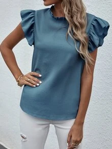 SHEIN Solid Color Frill Trim Casual Blouse, Everyday Wear - Royal Blue - View 5