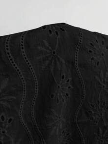 SHEIN Eyelet Embroidery Notched Neckline Puff Sleeve Blouse - Black - View 9