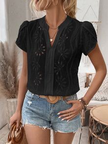 SHEIN Eyelet Embroidery Notched Neckline Puff Sleeve Blouse - Black - View 4