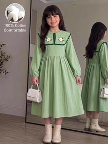 SHEIN Tween Girl Floral Ruffle Sleeve Dress, Versatile Floral Pattern Round Neck Ruffle Hem Contrast Color Dress, Autumn Winter - Green - View 8