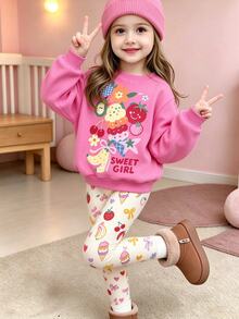 Girls' Toddler Fall Outfit Set, Fruit Ice Cream Print Brown Crew Neck Sweatshirt Off-White Long Pants, 2 Pieces Set, Christmas 7th Birthday - Multicolor - View 1