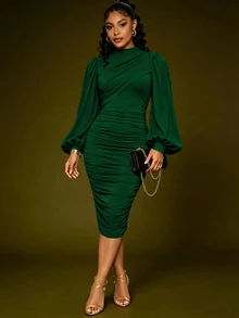 Lunelith SHEIN Lunessa Women's Solid Color Pleated Elegant Waist-Cinching Party Dress - Dark Green - View 3