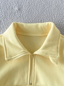 SHEIN 1pc Tween Girl Preppy Cotton Blend Solid Half-Zip Lapel Drop Shoulder Long Sleeve Baggy Pullover Sweatshirt Back To School Fall Winter Oversized - Yellow - View 6
