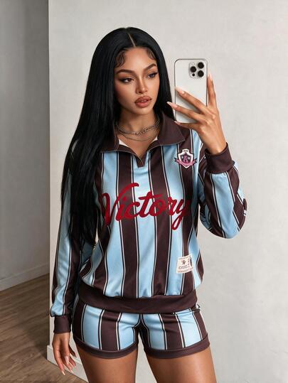 SHEIN BamGlam New Women's Striped Polo Collar Knitted Two Pieces Set - Letter Print Loose Knit Long-Sleeve Top With Drawstring Shorts. Perfect For Streetwear, Everyd