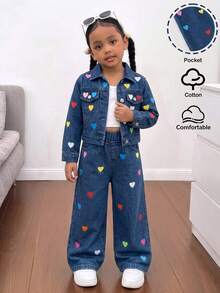 SHEIN Girls' Colorful Heart Pattern Young Girl Dark Blue Denim Loose Short Jacket & Long Pants 2-Piece Set - Blue - View 1