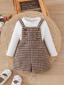 SHEIN Baby Girl Knit Solid Color Round Neck Casual T-Shirt & Woven Plaid Overall Shorts 2pcs Set - Multicolor - View 5