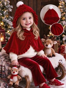 SHEIN 1Pc Baby Girls Christmas Velvet Cape, Ruffle Trim Hooded Cloak With Pom Pom, Regular Thickness, Holiday Party Outerwear For Fall & Winter - Red - View 1
