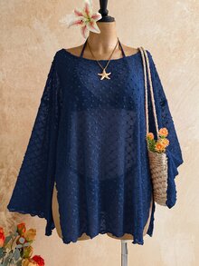 Soleia Long Sleeve Asymmetrical Neck Knit Jacquard Loose Fit Split Hem Top Vacation Outfits Women - Navy Blue - View 7