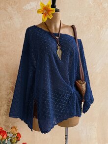 Soleia Long Sleeve Asymmetrical Neck Knit Jacquard Loose Fit Split Hem Top Vacation Outfits Women - Navy Blue - View 6