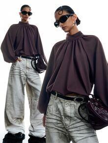 LYSMO Women's Solid Color Stand Collar Raglan Long Sleeve Pleated Fashion Blouse Going Out Office Dusty Mauve Fall Elegant Chocolate Brown - Purple - View 8
