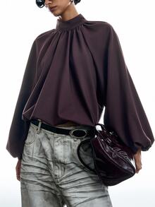 LYSMO Women's Solid Color Stand Collar Raglan Long Sleeve Pleated Fashion Blouse Going Out Office Dusty Mauve Fall Elegant Chocolate Brown - Purple - View 9