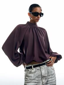 LYSMO Women's Solid Color Stand Collar Raglan Long Sleeve Pleated Fashion Blouse Going Out Office Dusty Mauve Fall Elegant Chocolate Brown - Purple - View 1