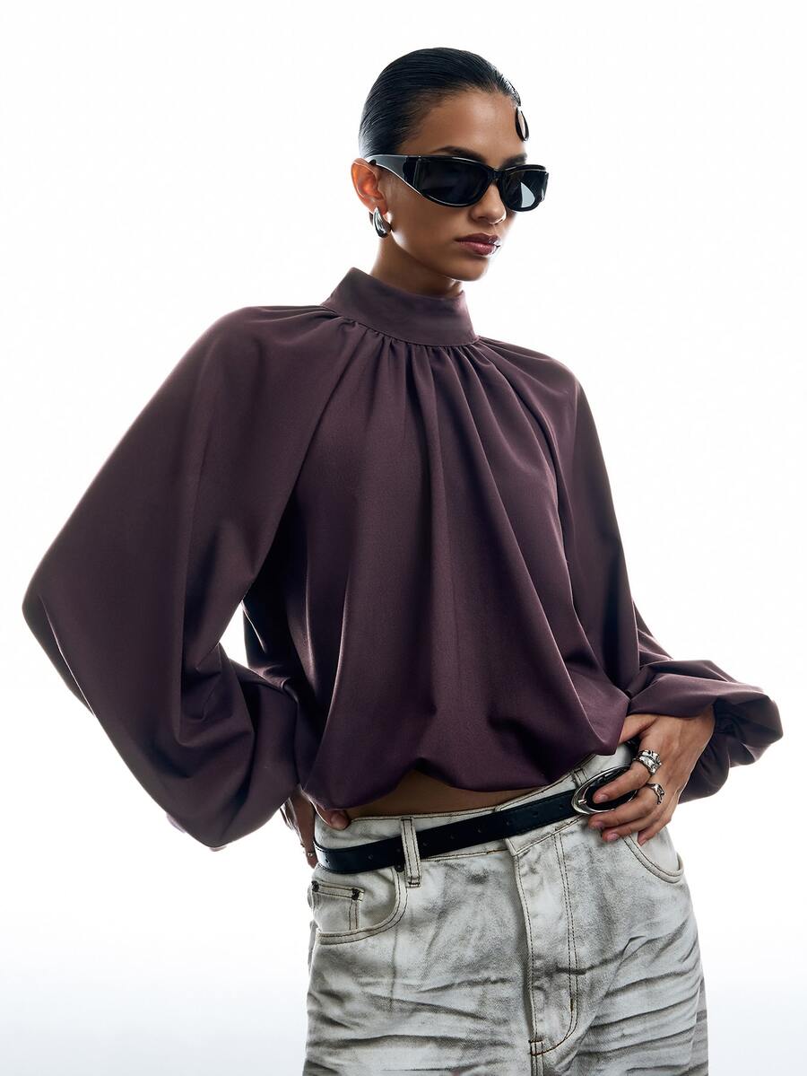LYSMO Women's Solid Color Stand Collar Raglan Long Sleeve Pleated Fashion Blouse Going Out Office Dusty Mauve Fall Elegant Chocolate Brown - Purple - View 1