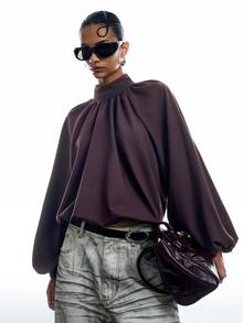 LYSMO Women's Solid Color Stand Collar Raglan Long Sleeve Pleated Fashion Blouse Going Out Office Dusty Mauve Fall Elegant Chocolate Brown - Purple - View 4