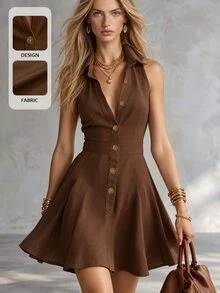 SHEIN 女款純色單排扣休閒2000年代無袖襯衫洋裝，咖啡棕色，適合早午餐與咖啡時光，夏季款 - 咖啡 - 查看 1