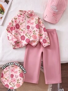 Young Girl Floral Print Long Sleeve Sweatshirt And Sweatpants Set - Multicolor - View 1