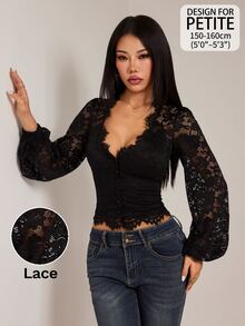 SHEIN PETITE 女款小碼黑色透視燈籠袖修身優雅蕾絲上衣 - 黑色 - 查看 1