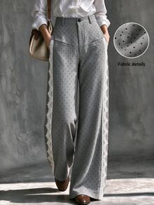 SHEIN Spring Fall 2026 New Arrival Polka Dot Lace Side Panel Casual Office Gray High Waist Elegant Loose Fit Wide Leg Pants - Grey - View 1