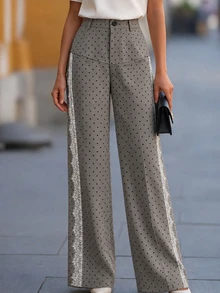 SHEIN Spring Fall 2026 New Arrival Polka Dot Lace Side Panel Casual Office Gray High Waist Elegant Loose Fit Wide Leg Pants - Grey - View 5