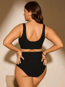 SHEIN Swim Curve طقم بكيني بحري صيفي بحجم أكبر مكون من حمالة صلبة مزخرفة وبطانية بكيني - الأسود - مشاهدة 2