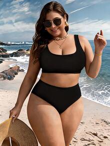 SHEIN Swim Curve طقم بكيني بحري صيفي بحجم أكبر مكون من حمالة صلبة مزخرفة وبطانية بكيني - الأسود - مشاهدة 3
