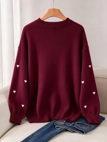 CosyJoli Plus Size Elegant French Style Vacation Commute Romantic Date Casual Premium Minimalist Pink Heart Embroidery Knit Pullover Sweater For Fall/Winter - Red - View 2